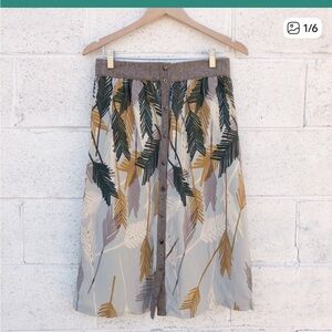Anthropologie Edmé & Esyllte Leaf Print Midi Skirt - Green, Brown, Cream